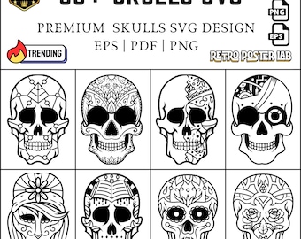 50種類以上のスカルSVGバンドル – ゴシック、シュガースカル、タトゥーアートクリップアート（オンデマンド印刷）