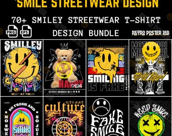 Smiley Gesicht Streetwear T-Shirt Designs | Y2K Grunge Grafiken (PNG EPS Digital Download)