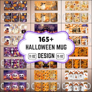 Puede incluir: Una colección de tazas de cerámica con varios diseños temáticos de Halloween que incluyen calabazas, fantasmas, esqueletos y textos como Trick Treat, Happy Halloween, Let's Go Ghouls y Keep Calm and Give Me Candy, en tamaños de 11 oz y 15 oz.