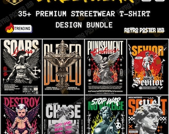 ストリートウェアTシャツデザイン35種類以上セット｜ギリシャ彫刻、Y2K、ゴシックグラフィック（デジタルダウンロード）