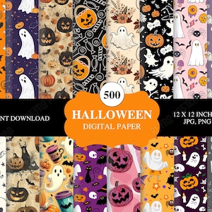 Puede incluir: Una colección de 500 papeles digitales con temas de Halloween que incluyen fantasmas, calabazas, murciélagos, calaveras y dulces en naranja, negro, morado y blanco. El texto 500 HALLOWEEN DIGITAL PAPER 12 X 12 INCHES JPG, PNG es visible.