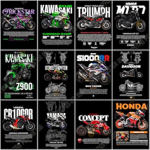 Pode incluir: P&ocirc;steres de motocicletas com modelos Kawasaki, Triumph, Yamaha, BMW, Ducati e Honda. Cada p&ocirc;ster mostra uma motocicleta com o nome do modelo e especifica&ccedil;&otilde;es, em um fundo preto. Medidas no sistema m&eacute;trico.