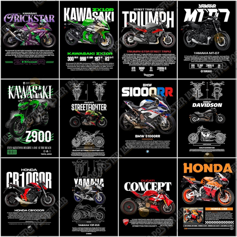 Pode incluir: P&ocirc;steres de motocicletas com modelos Kawasaki, Triumph, Yamaha, BMW, Ducati e Honda. Cada p&ocirc;ster mostra uma motocicleta com o nome do modelo e especifica&ccedil;&otilde;es, em um fundo preto. Medidas no sistema m&eacute;trico.
