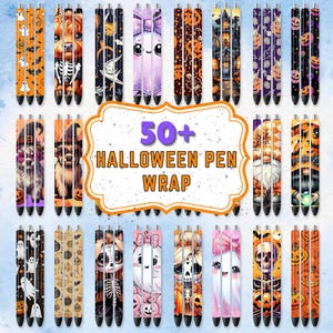 May include: A collection of Halloween-themed pen wraps featuring various designs including ghosts, skeletons, pumpkins, gnomes, and skulls. The central text reads 50+ HALLOWEEN PEN WRAP, showcasing a variety of colorful patterns and characters.