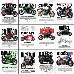Pode incluir: Uma cole&ccedil;&atilde;o de cartazes de motocicletas com v&aacute;rios modelos, incluindo Kawasaki Z900, Ninja 300 e ZX10R, Honda CB1000R e Africa Twin, Ducati Panigale, Hypermotard e Diavel, Yamaha YZF-R3, Suzuki 600, Hornet CB600F e BMW S1000RR. Cada cartaz exibe o nome da motocicleta.