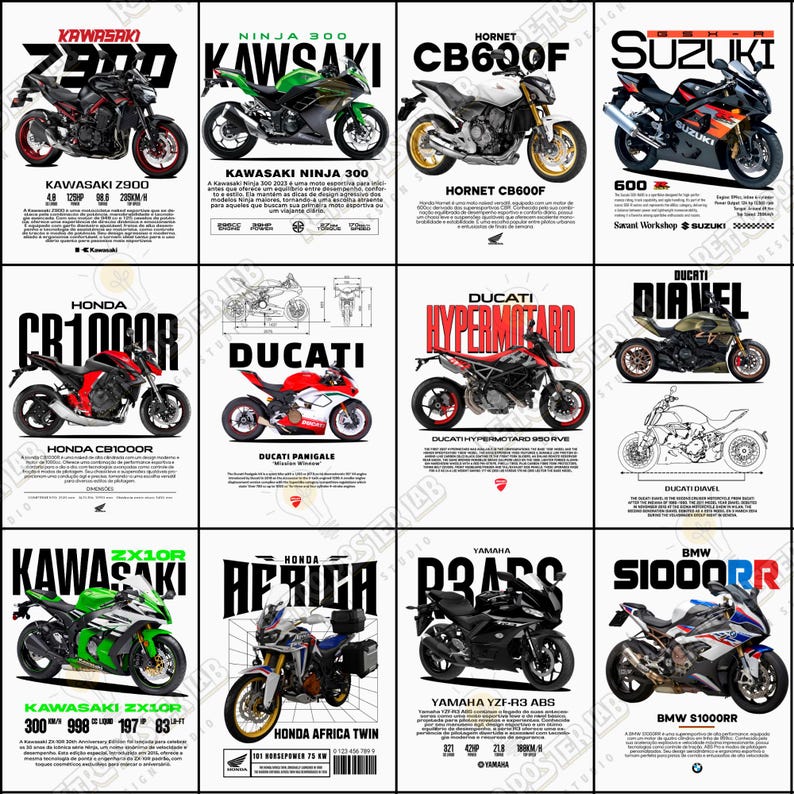 Pode incluir: Uma cole&ccedil;&atilde;o de cartazes de motocicletas com v&aacute;rios modelos, incluindo Kawasaki Z900, Ninja 300 e ZX10R, Honda CB1000R e Africa Twin, Ducati Panigale, Hypermotard e Diavel, Yamaha YZF-R3, Suzuki 600, Hornet CB600F e BMW S1000RR. Cada cartaz exibe o nome da motocicleta.