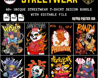 ストリートウェアTシャツデザイン40種類以上セット｜アーバングラフィティ、Y2Kヒップホップグラフィック（PNG、EPS、PDF形式）