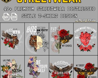 ストリートウェアTシャツデザイン40種類以上セット｜ヴィンテージ風ダメージ加工Y2Kグラフィック（PNG、EPS形式）