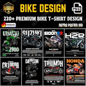 以下が含まれることがあります： バイクのデザインが施された黒いポスター。ポスターには、カワサキ、スズキ、BMW、ホンダ、ハーレーダビッドソン、トライアンフなど、さまざまなバイクモデルが掲載されています。「Bike Design」と「220+ Premium Bike T-Shirt Design」の文字が含まれています。