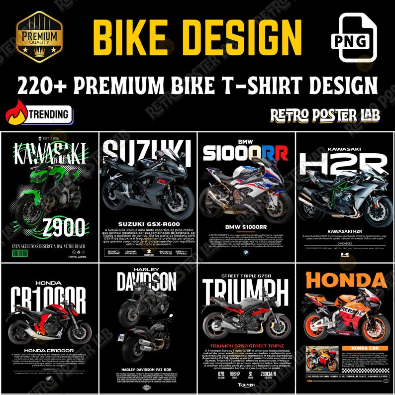 Pode incluir: Um cartaz preto com designs de motocicletas. O cartaz apresenta v&aacute;rios modelos de motocicletas, incluindo Kawasaki, Suzuki, BMW, Honda, Harley Davidson e Triumph. O texto inclui "Bike Design" e "220+ Premium Bike T-Shirt Design."