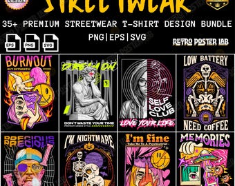 ストリートウェアTシャツデザイン35種類以上セット｜Y2K、アニメ、ゴスパンクグラフィック（PNG、SVG、EPS形式）