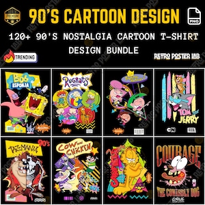 Puede incluir: Un paquete de diseño gráfico negro con personajes de dibujos animados de los 90. La imagen incluye diseños de Bob Esponja, Rugrats, Tom y Jerry, Tazmania, Vaca y Pollo, Garfield y Coraje, el perro cobarde. El texto dice "90's Cartoon Design".