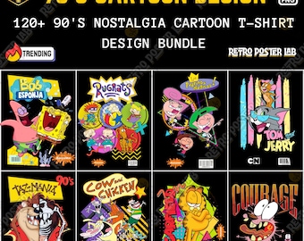 90er Jahre Cartoon T-Shirt Design Bundle, Retro PNG Grafiken (digitaler Download)
