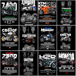 Pode incluir: Uma cole&ccedil;&atilde;o de cartazes de motocicletas com v&aacute;rios modelos como Kawasaki Z400, BMW S1000RR, KTM RC8C, Honda Monkey e Ducati Streetfighter. Cada cartaz tem um fundo preto com imagens e especifica&ccedil;&otilde;es de motocicletas.