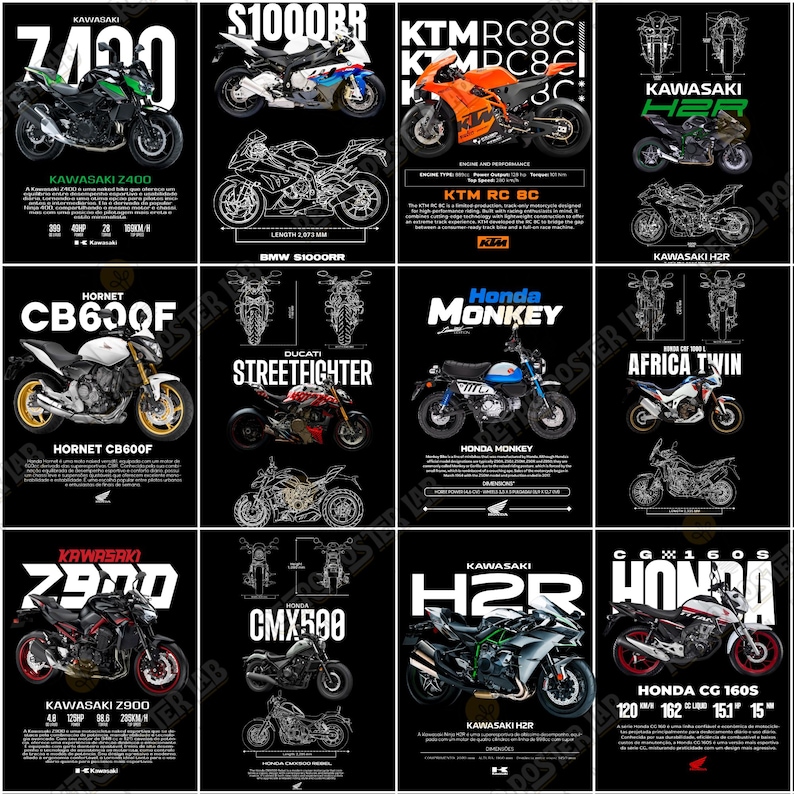 Pode incluir: Uma cole&ccedil;&atilde;o de cartazes de motocicletas com v&aacute;rios modelos como Kawasaki Z400, BMW S1000RR, KTM RC8C, Honda Monkey e Ducati Streetfighter. Cada cartaz tem um fundo preto com imagens e especifica&ccedil;&otilde;es de motocicletas.