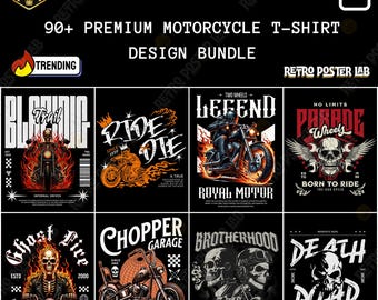 Pacote com mais de 90 designs de camisetas com caveiras de motociclistas em PNG (download digital)