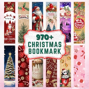 Può includere: Una collezione di dodici segnalibri rettangolari verticali con vari temi natalizi, tra cui Babbo Natale, alberi di pino decorati, ornamenti, campane e cioccolata calda, con il testo 970+ CHRISTMAS BOOKMARK al centro.