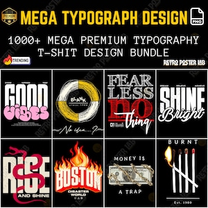 Puede incluir: Un paquete de diseño gráfico negro con diseños tipográficos. Los diseños incluyen textos como "Good Vibes", "Fearless", "Shine Bright", "Rise and Shine", "Boston Disaster World" y "Money is a Trap".