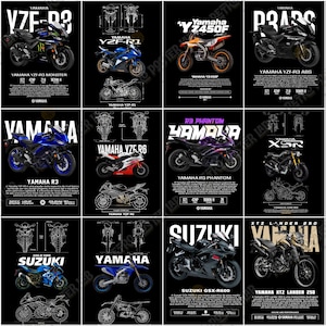 Pode incluir: P&ocirc;steres de motocicletas com v&aacute;rios modelos Yamaha e Suzuki, incluindo YZF-R3, YZF-R1, YZ450F e GSX-R600. Cada p&ocirc;ster mostra uma moto diferente, com especifica&ccedil;&otilde;es e ilustra&ccedil;&otilde;es em um fundo preto.