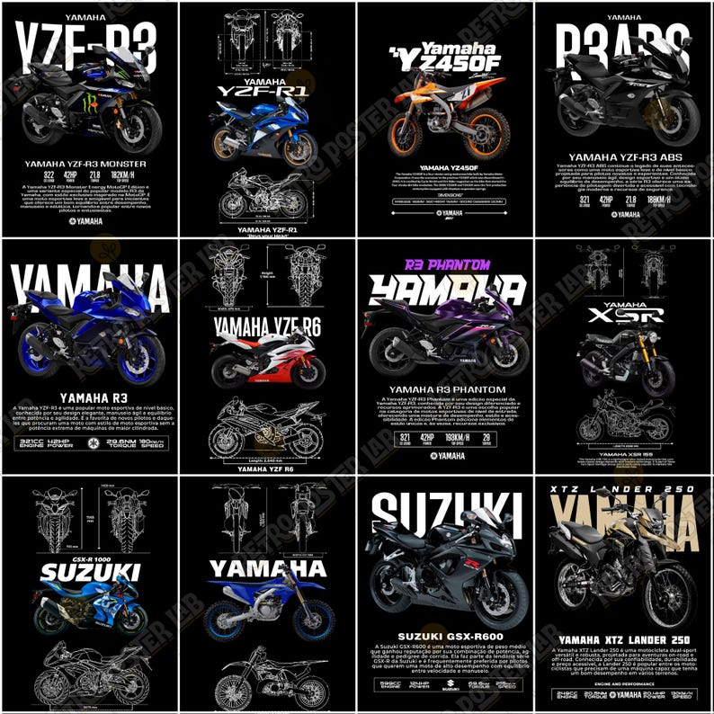 Pode incluir: P&ocirc;steres de motocicletas com v&aacute;rios modelos Yamaha e Suzuki, incluindo YZF-R3, YZF-R1, YZ450F e GSX-R600. Cada p&ocirc;ster mostra uma moto diferente, com especifica&ccedil;&otilde;es e ilustra&ccedil;&otilde;es em um fundo preto.