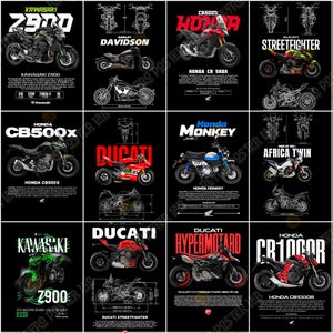 Pode incluir: Uma cole&ccedil;&atilde;o de cartazes de motocicletas em um fundo preto. Os cartazes apresentam v&aacute;rios modelos de motocicletas, incluindo Kawasaki, Harley-Davidson, Honda e Ducati. Cada cartaz inclui uma imagem da motocicleta e seu nome.