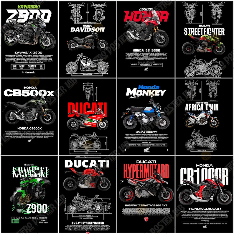 Pode incluir: Uma cole&ccedil;&atilde;o de cartazes de motocicletas em um fundo preto. Os cartazes apresentam v&aacute;rios modelos de motocicletas, incluindo Kawasaki, Harley-Davidson, Honda e Ducati. Cada cartaz inclui uma imagem da motocicleta e seu nome.