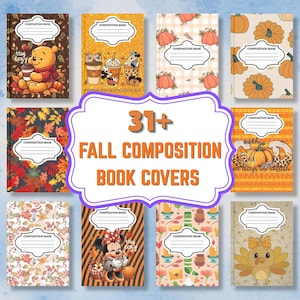 May include: A collection of twelve rectangular composition book covers featuring various autumn-themed designs including pumpkins, fall leaves, cartoon characters, and coffee drinks, each with a central white label for writing a name and subject.