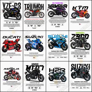 Pode incluir: P&ocirc;steres de motocicletas com v&aacute;rios modelos da Yamaha, Triumph, KTM, Ducati, Suzuki, Kawasaki e Aprilia. Cada p&ocirc;ster exibe o nome, as especifica&ccedil;&otilde;es e a afilia&ccedil;&atilde;o da equipe da motocicleta, com um logotipo de est&uacute;dio retr&ocirc;.