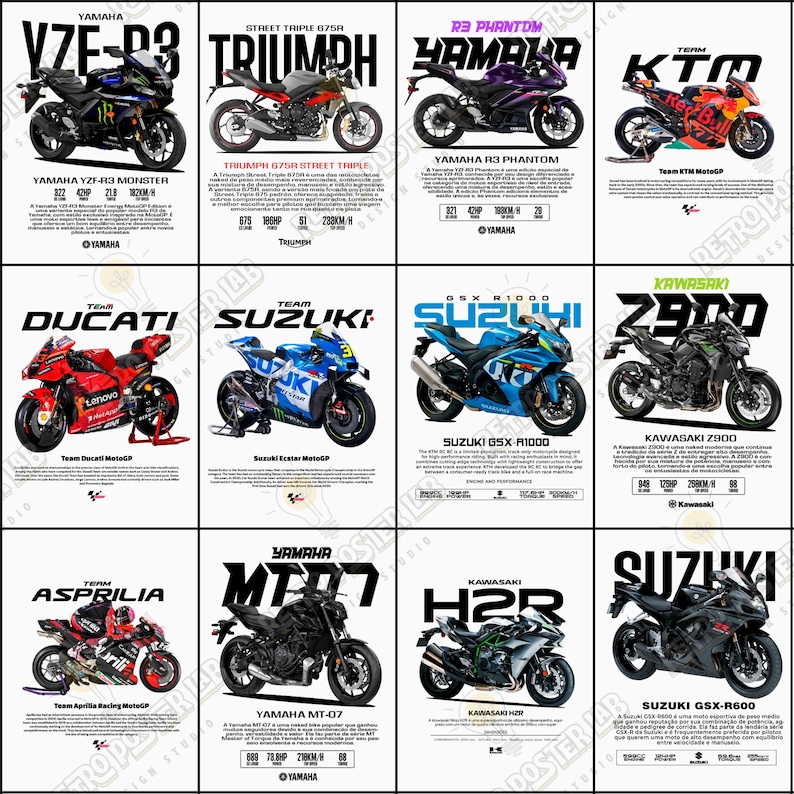 Pode incluir: P&ocirc;steres de motocicletas com v&aacute;rios modelos da Yamaha, Triumph, KTM, Ducati, Suzuki, Kawasaki e Aprilia. Cada p&ocirc;ster exibe o nome, as especifica&ccedil;&otilde;es e a afilia&ccedil;&atilde;o da equipe da motocicleta, com um logotipo de est&uacute;dio retr&ocirc;.
