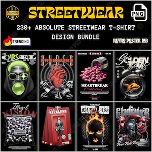 May include: A digital collection of 230+ streetwear t-shirt designs featuring various graphic illustrations including a person with green hair, an anatomical heart, pink heart-shaped pills, a goldfish in a clock, eyeballs, a toy figure, a mask, and a gladiator.