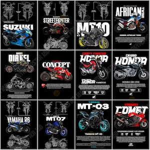 Pode incluir: P&ocirc;steres de motocicletas com modelos como Suzuki, Ducati, Honda e Yamaha. Cada p&ocirc;ster exibe uma imagem da motocicleta, seu nome e especifica&ccedil;&otilde;es t&eacute;cnicas em um fundo preto.