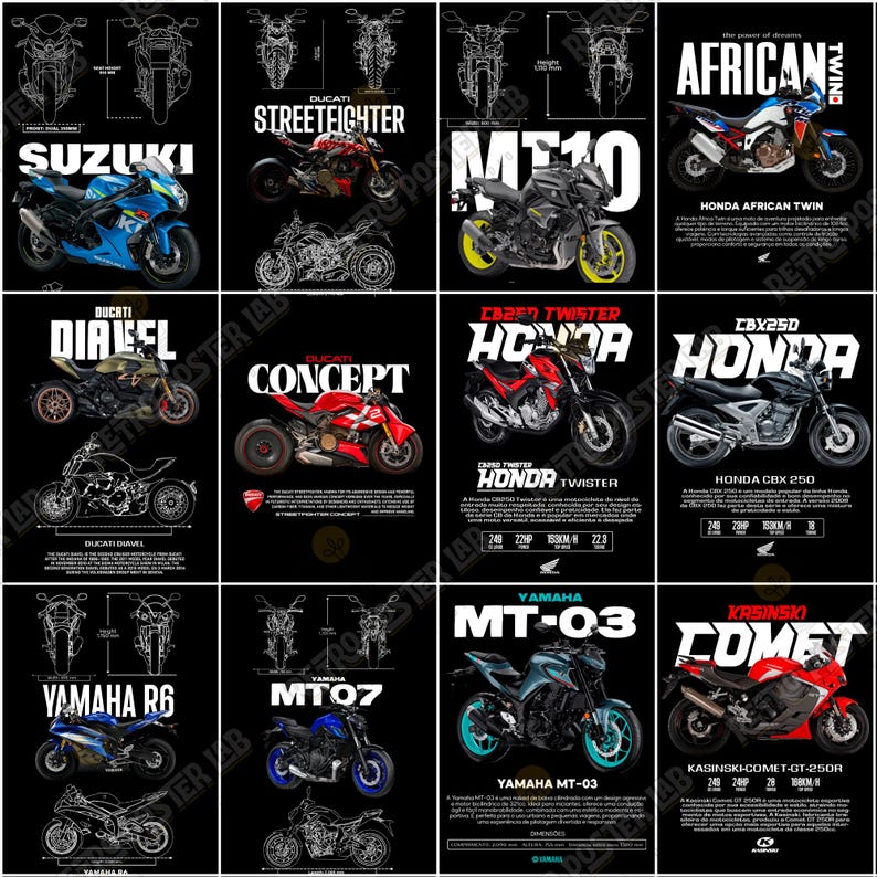 Pode incluir: P&ocirc;steres de motocicletas com modelos como Suzuki, Ducati, Honda e Yamaha. Cada p&ocirc;ster exibe uma imagem da motocicleta, seu nome e especifica&ccedil;&otilde;es t&eacute;cnicas em um fundo preto.