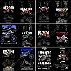 Pode incluir: Uma cole&ccedil;&atilde;o de cartazes de motocicletas com v&aacute;rios modelos como Honda, Yamaha e KTM. Cada cartaz mostra uma imagem colorida da motocicleta junto com um projeto t&eacute;cnico e o nome do modelo. O fundo &eacute; preto.