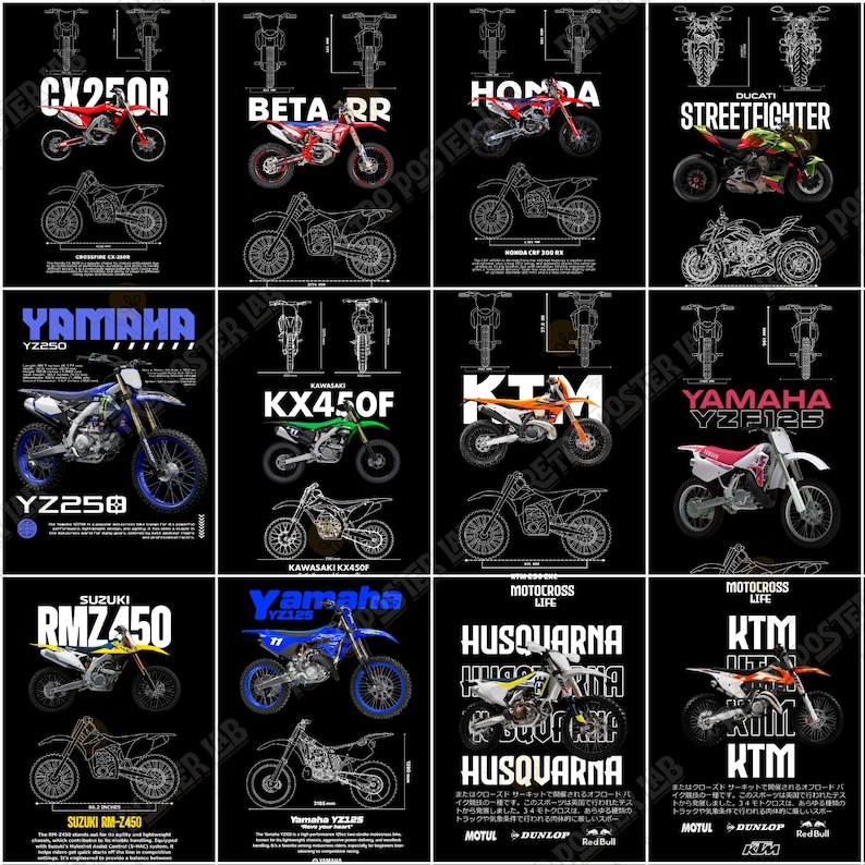 Pode incluir: Uma cole&ccedil;&atilde;o de cartazes de motocicletas com v&aacute;rios modelos como Honda, Yamaha e KTM. Cada cartaz mostra uma imagem colorida da motocicleta junto com um projeto t&eacute;cnico e o nome do modelo. O fundo &eacute; preto.