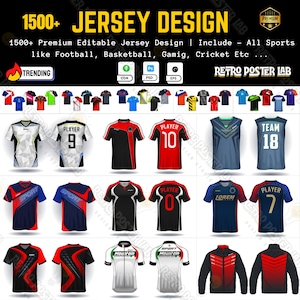 Puede incluir: Una colección de diseños de camisetas deportivas, con varios colores y estilos. La imagen incluye camisetas de fútbol, baloncesto y cricket, con el texto "1500+ JERSEY DESIGN" en la parte superior. Las camisetas tienen números y la palabra "PLAYER".