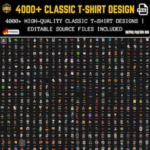 Pode incluir: Uma imagem mostrando uma coleção de mais de 4000 designs clássicos de camisetas. Os designs são exibidos em um formato de grade, com diversos gráficos. O texto na parte superior diz "4000+ CLASSIC T-SHIRT DESIGN" e "EDITABLE SOURCE FILES INCLUDED".
