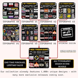 May include: A promotional graphic showcasing various typography designs for t-shirts. The image features multiple design bundles, including "Typography V0" through "V6", and a "Mega Typography Design" bundle. Text includes "One Time Purchase, Lifetime Value."
