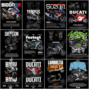 Pode incluir: Cole&ccedil;&atilde;o de cartazes de motocicletas com marcas como BMW, Suzuki e Ducati. Cada cartaz apresenta um modelo diferente com ilustra&ccedil;&otilde;es e texto detalhados, em um fundo preto.