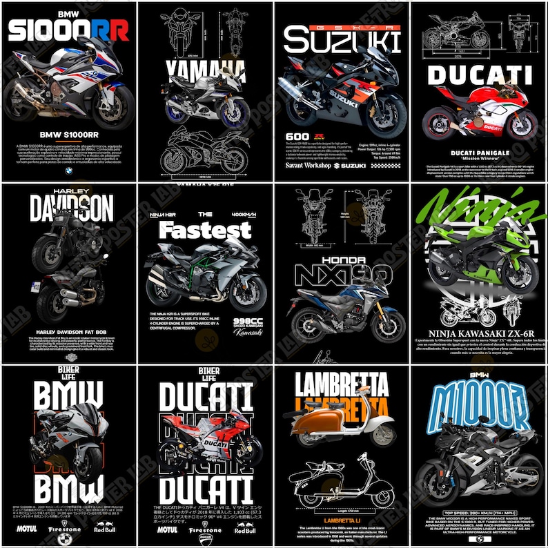 Pode incluir: Cole&ccedil;&atilde;o de cartazes de motocicletas com marcas como BMW, Suzuki e Ducati. Cada cartaz apresenta um modelo diferente com ilustra&ccedil;&otilde;es e texto detalhados, em um fundo preto.