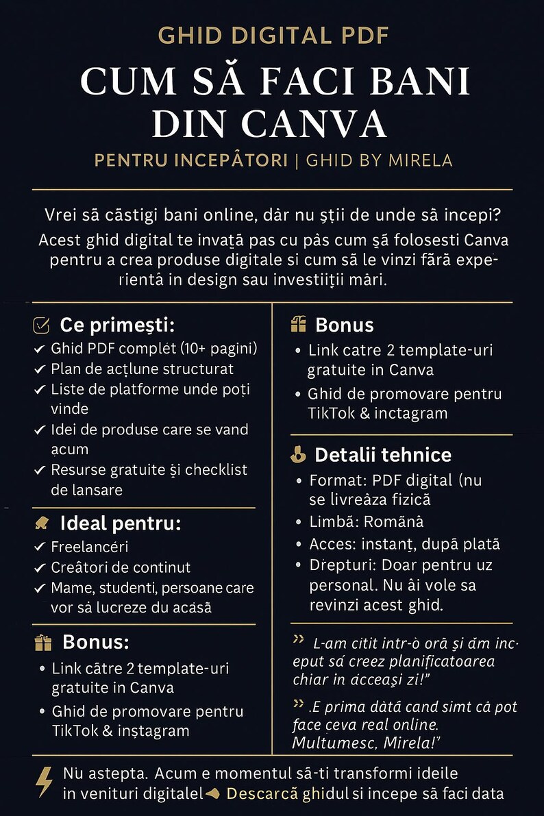 May include: Digital PDF guide titled "How to Make Money with Canva" for beginners. The guide promises to teach users how to create and sell digital products without design experience. Includes templates, TikTok & Instagram promotion guide.
