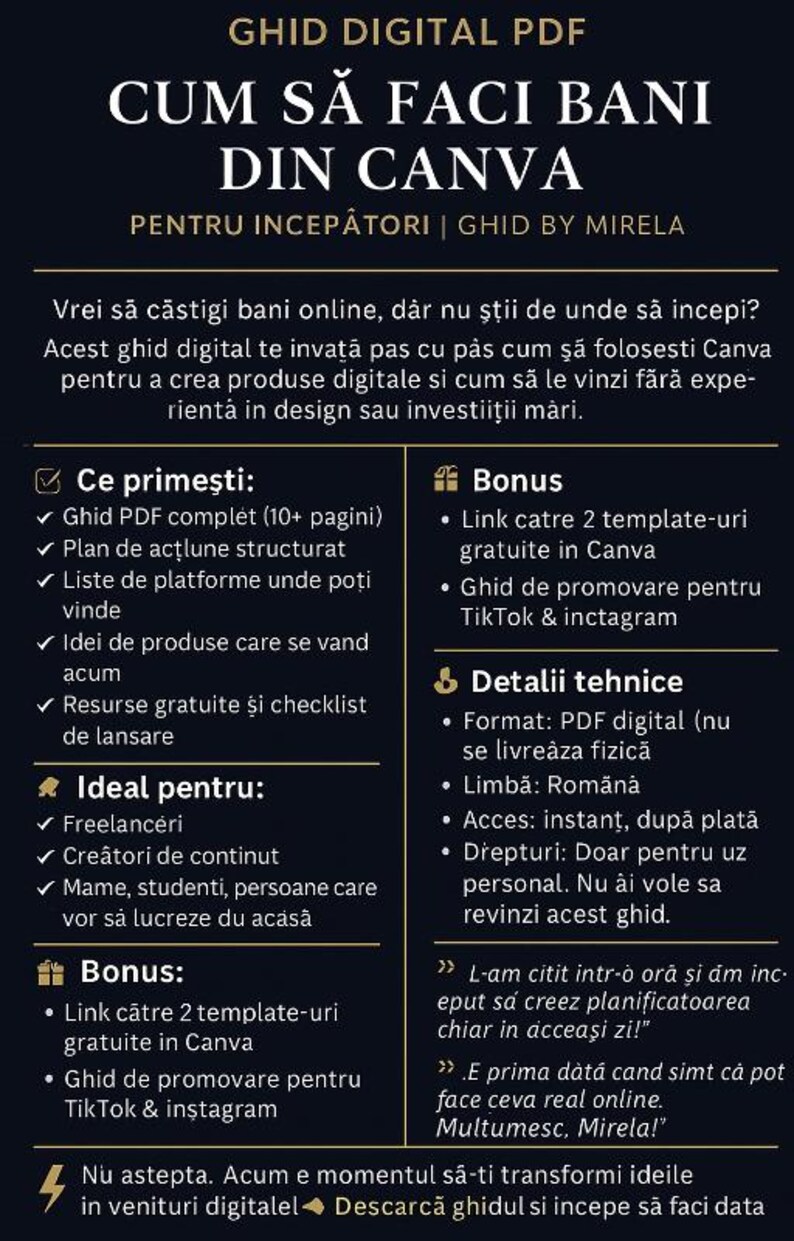 May include: Digital PDF guide titled "How to Make Money in Canva" for beginners. The guide includes a structured action plan, platform lists, product ideas, and free resources. It also offers bonus Canva templates and TikTok/Instagram promotion guides.