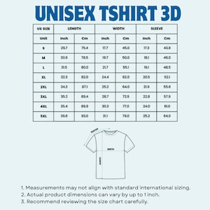 May include: A size chart for a unisex t-shirt featuring a table with US sizes from S to 5XL, listing length, width, and sleeve measurements in inches and centimeters. Below the table is a line drawing of a t-shirt with labels for dimensions.