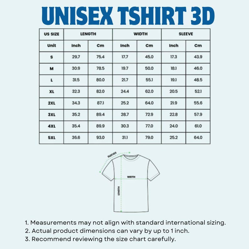 May include: A size chart for a unisex t-shirt featuring a table with US sizes from S to 5XL, listing length, width, and sleeve measurements in inches and centimeters. Below the table is a line drawing of a t-shirt with labels for dimensions.