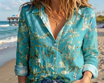 Aqua Blue Almond Blossom Shirt, Floral Button Down Blouse, Van Gogh Inspired Beach Shirt, Women Summer Shirt, Vacation Outfit Gift