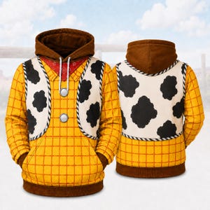 Puede incluir: Una sudadera con capucha de manga larga con un patr&oacute;n de cuadr&iacute;cula amarillo y naranja, un chaleco blanco superpuesto con manchas negras de vaca, una capucha marr&oacute;n y un detalle de cuello rojo estilo bandana con dos botones circulares plateados.