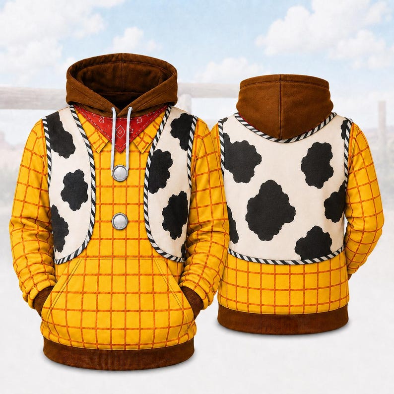 Puede incluir: Una sudadera con capucha de manga larga con un patr&oacute;n de cuadr&iacute;cula amarillo y naranja, un chaleco blanco superpuesto con manchas negras de vaca, una capucha marr&oacute;n y un detalle de cuello rojo estilo bandana con dos botones circulares plateados.