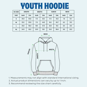 May include: A diagram of a youth hoodie with measurements in inches and centimeters. The size chart includes length, width, sleeve, and neck measurements for sizes S, M, L, and XL. The text "YOUTH HOODIE" is at the top.