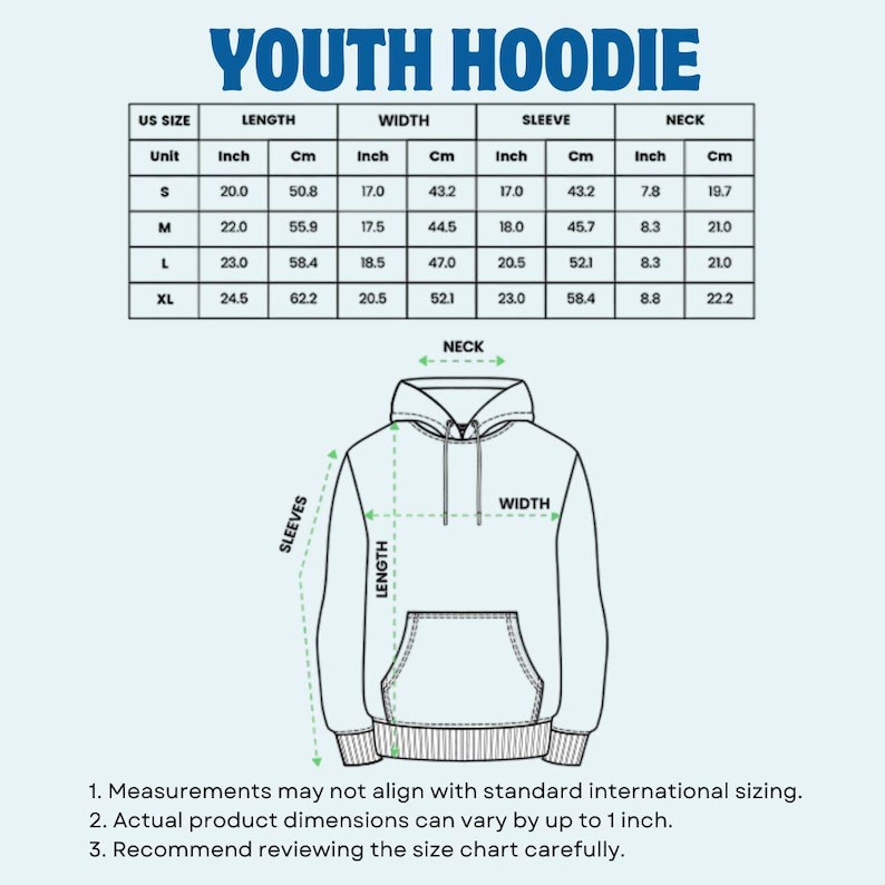 May include: A diagram of a youth hoodie with measurements in inches and centimeters. The size chart includes length, width, sleeve, and neck measurements for sizes S, M, L, and XL. The text "YOUTH HOODIE" is at the top.