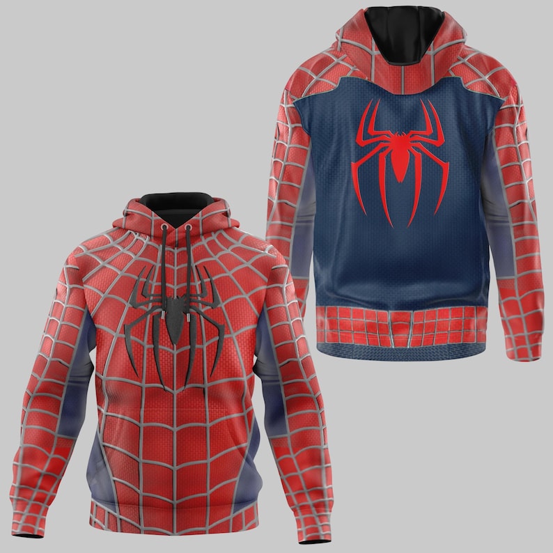 Puede incluir: Sudadera con capucha de Spider-Man roja y azul. La parte delantera presenta un emblema de ara&ntilde;a negro sobre un patr&oacute;n de telara&ntilde;a rojo. La parte trasera de la sudadera es azul con un gran emblema de ara&ntilde;a rojo. Las mangas son rojas con un patr&oacute;n de telara&ntilde;a.
