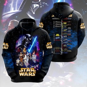 May include: Black Star Wars hoodie featuring Darth Vader, characters, and a lightsaber. The front displays the Star Wars logo and characters. The back shows a timeline of the Star Wars saga. The sleeves have the words "STAR WARS".